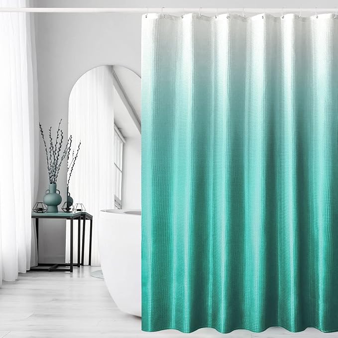 Gibelle Teal Shower Curtain for Bathroom, Waffle Weave Ombre Textured Fabric by Gibelle