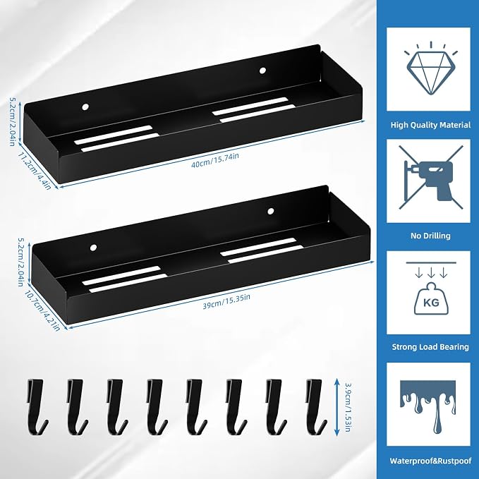 Shower Caddy Black, 40cm Adhesive Shower Shelve - Image 2