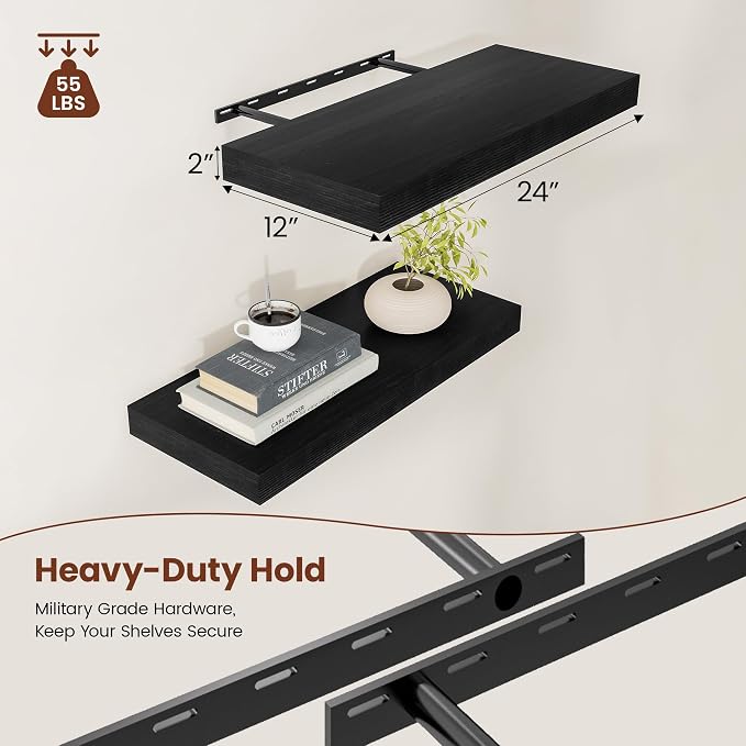 Black Floating Shelves for Wall 24 Inches Long, Heavy Duty Shelf for Bedroom - Image 9