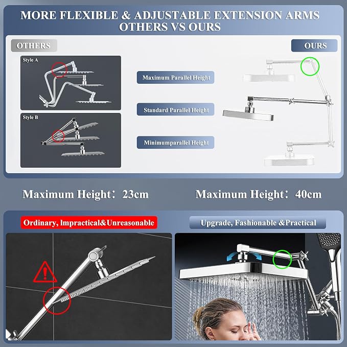 14 Inch Rain Shower Head with Handheld Spray Combo and Extention Arm, Rainfall - Image 4