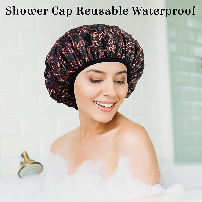 Shower Cap Reusable Waterproof, Terry Lined Shower Caps - Image 3