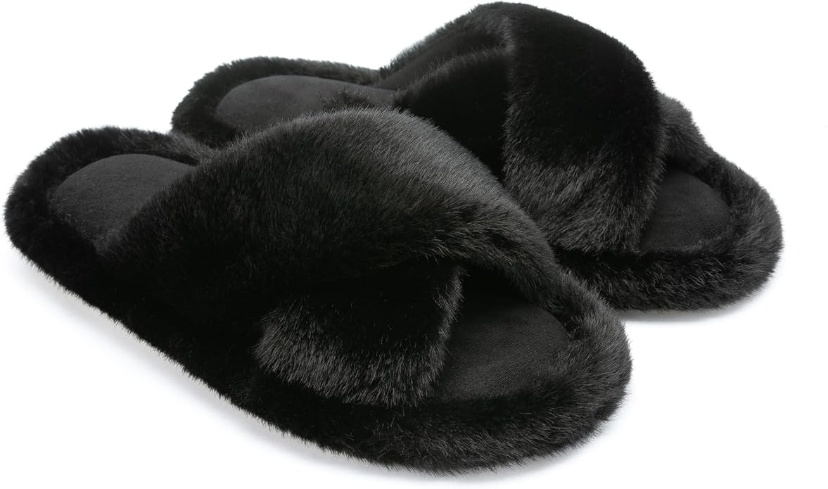 Chantomoo Womens Slippers Memory Foam Fuzzy Cross Band Faux Fur Slippers by Chantomoo