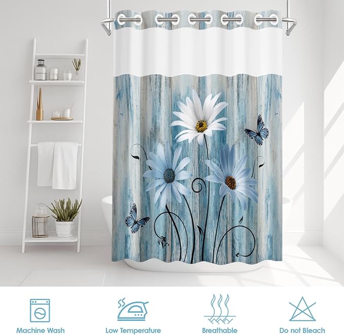 No Hook Blue Daisy Shower Curtain - Image 6