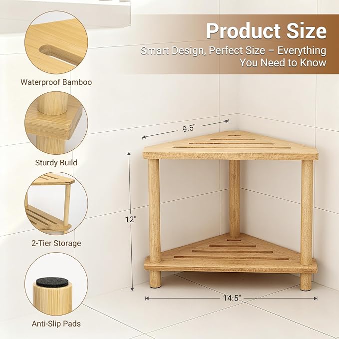 Bamboo Shower Foot Rest with Non-Slip Base, 2-Tier Height Shower Stool - Image 3