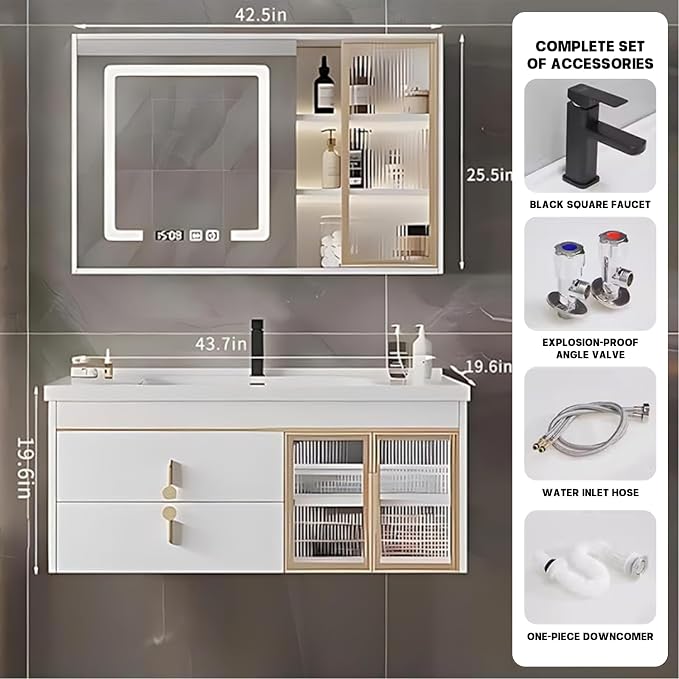 44" Bathroom Vanity with Sink, Floating Bathroom Cabinet Include Smart LED - Image 2
