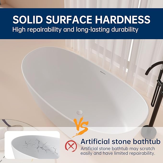 55'' High-back Freestanding Solid Surface Resin Stone Bathtub, Freestanding Tub - Image 5