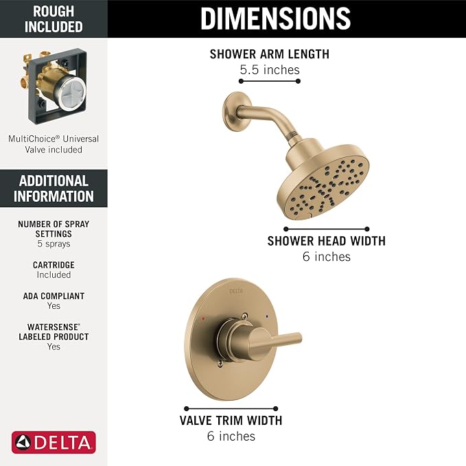 Delta Nicoli 14 Series H2Okinetic Shower Faucet Set, Brushed Gold Shower Head - Image 4