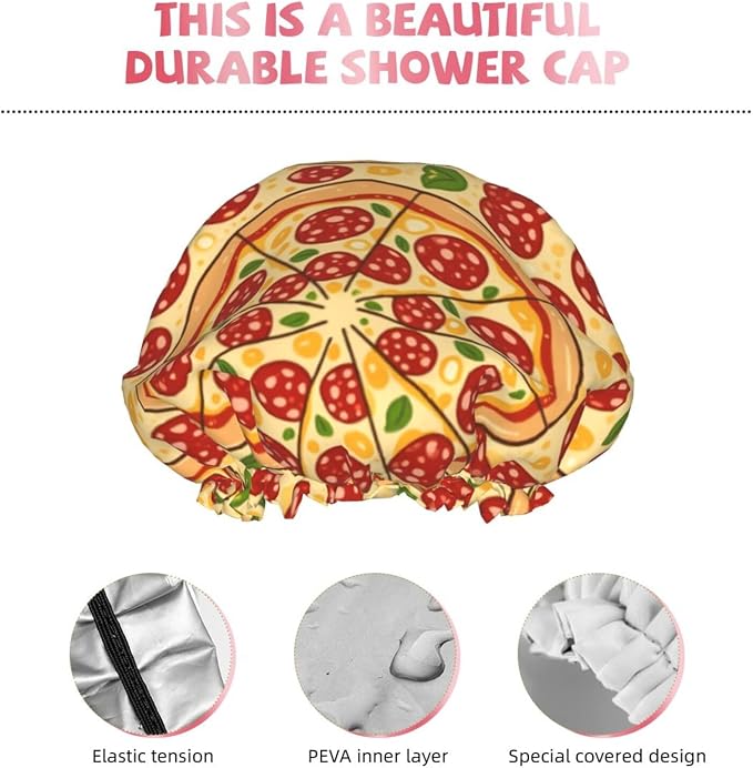 Double Layers Shower Caps for Women, Pepperoni Pizza Art Hair Bath Hat Reusable - Image 5