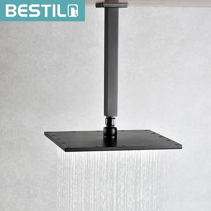 BESTILL 10 Inch Matte Black Ceiling Mount Shower Arm and Flange, Square Rain - Image 4