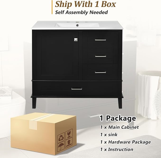 36" Bathroom Vanity with Solid Pine Frame, 1 Soft Close Door and 3 Drawers - Image 7