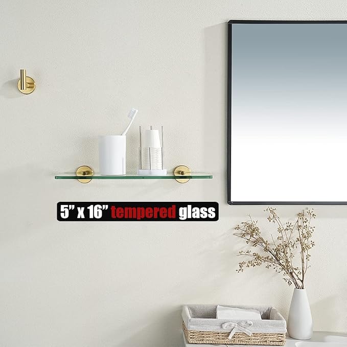 JQK Bathroom Glass Shelf Gold, Tempered Glass Shower Storage 16 by 5 inches - Image 2