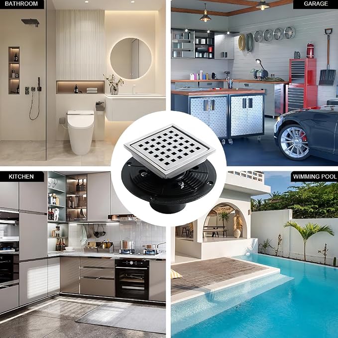 6 Inch Square Shower Floor Drain, Stainless Steel Flange - Image 9