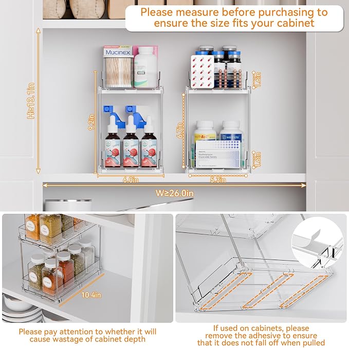 Yieach 4 Set Clear Pull Out Bathroom Organizers and Storage, 2 Tier Under Sink - Image 3