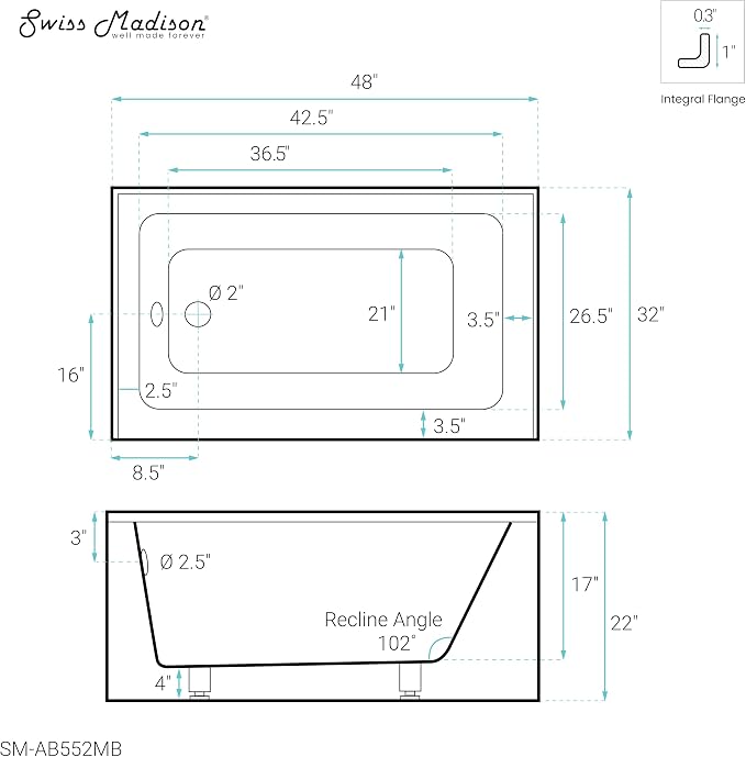 Voltaire 48" X 32" Left-Hand Drain Alcove Bathtub - Image 7