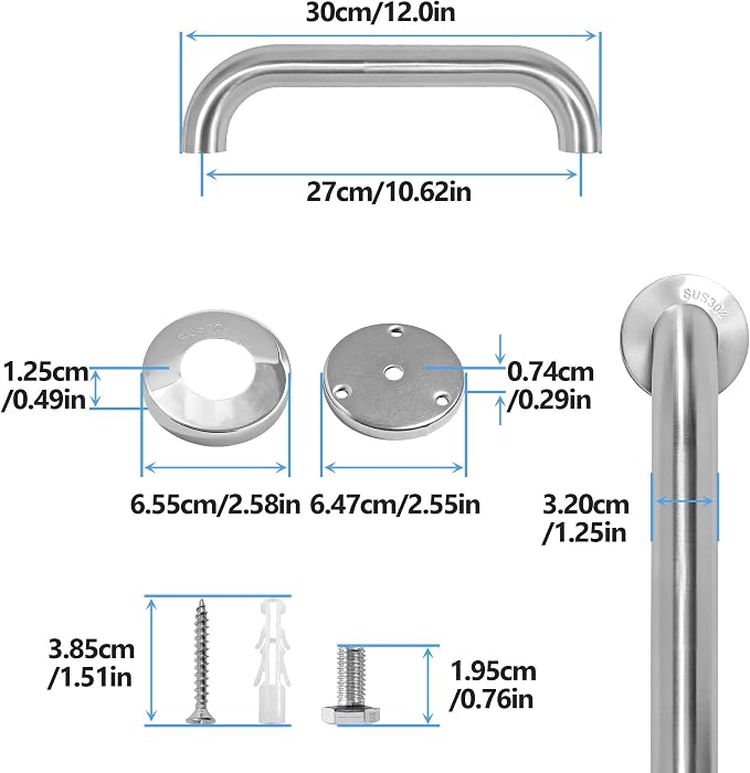 Shower Grab Bar, 2 Pack 12 Inch Brushed Nickel Bathroom Safety Bar, 1.25" - Image 2