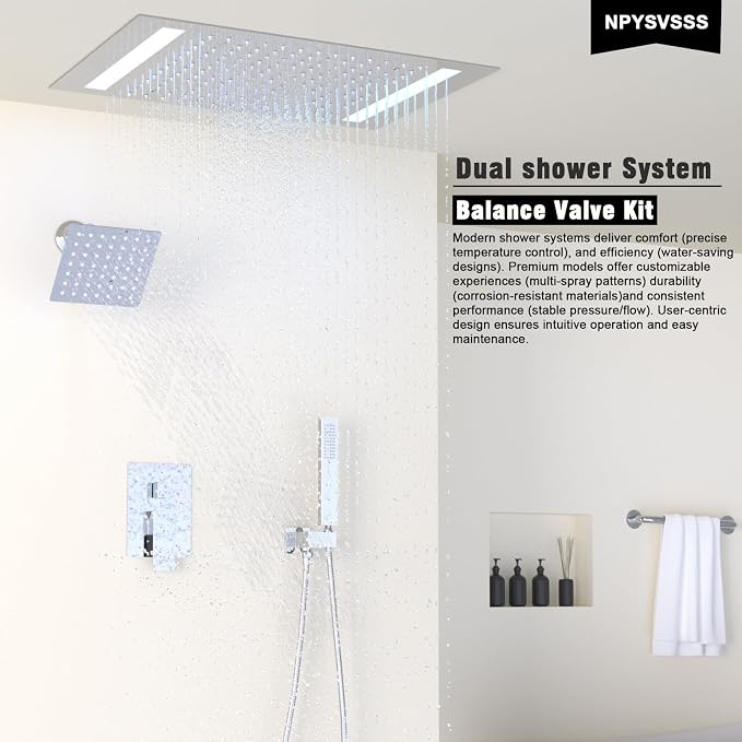 Rain Shower Head System with 14x20 Inch Ceiling Mount LED Head & 6 Inch Wall - Image 2