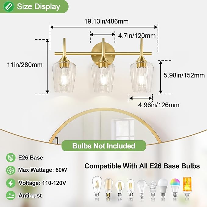 3-Light Bathroom Light Fixtures, 19.5 Inch Brushed Gold Vanity Lights - Image 8