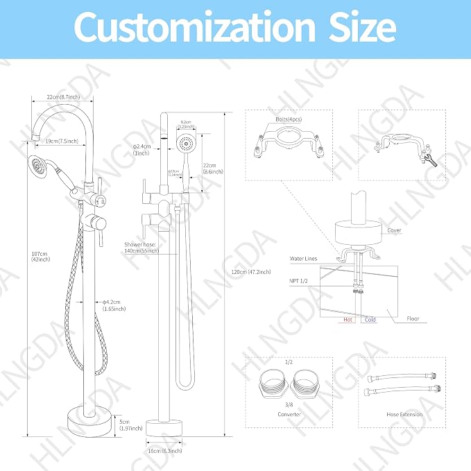 Freestanding Bathtub Faucet, Tub Filler Floor Mount Stand Bathtub Faucet Brass - Image 8