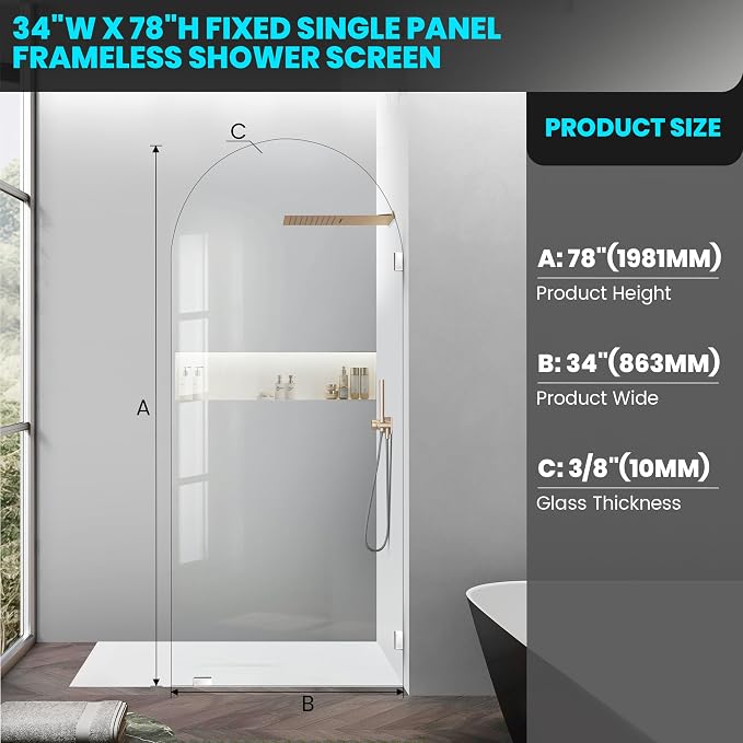 34" W ×78" H Shower Glass Door, Bathroom Framless Glass Shower Panel Door - Image 3