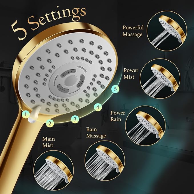 Shower Head, Powerful Shower Spray Against Low Pressure Water-Brushed Gold - Image 4