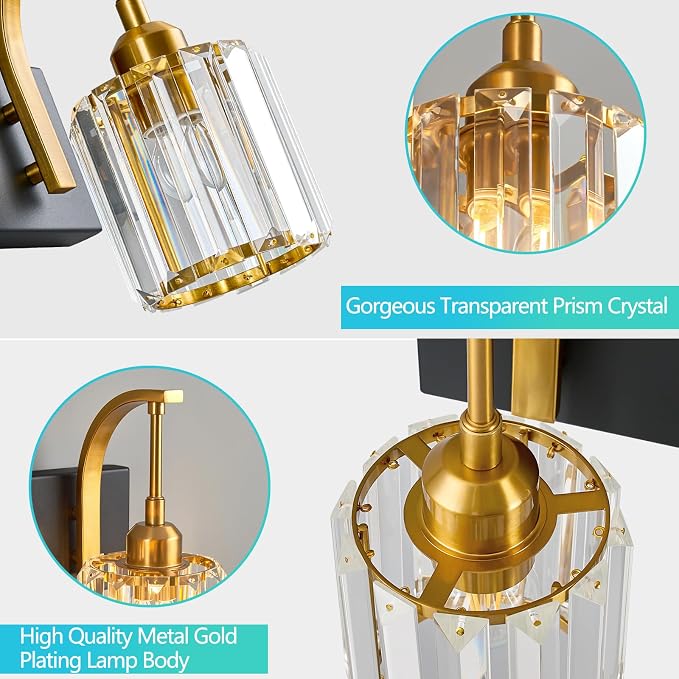 Bathroom Crystal Vanity Lights 2-Light Black Gold Wall Lamp Modern Crystal - Image 4