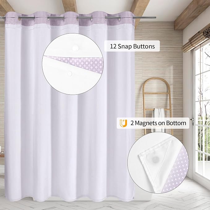 MitoVilla No Hooks Needed Purple Waffle Shower Curtain Liner Set, Modern Waffle - Image 2
