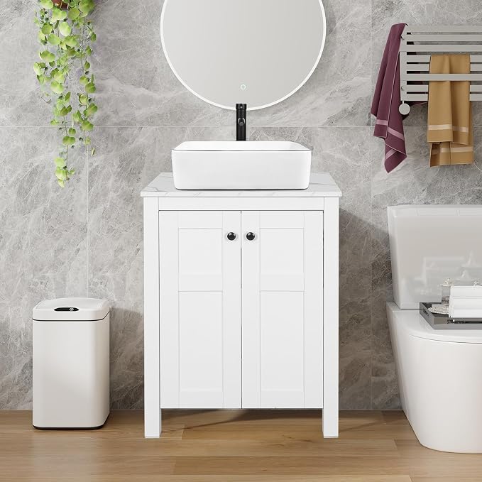 24" White Bathroom Vanity with Marble Texture Top, Traditional Standing - Image 2