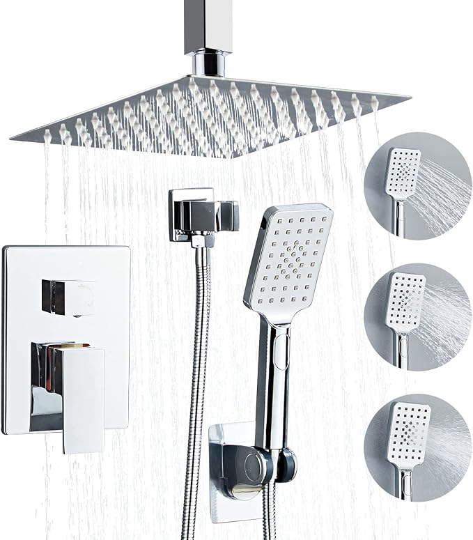 8 Inch Ceiling Mount Shower Faucet Set, Polish Chrome Rainfall Shower System by RTOBWEYE