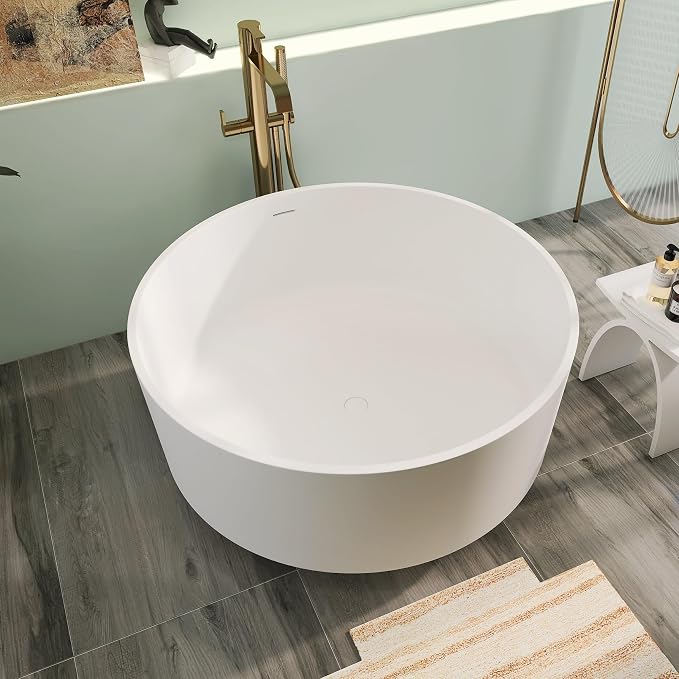 49" Premium Solid Surface Freestanding Bathtub, Upgraded Round Soaking Deep by HIGEINE