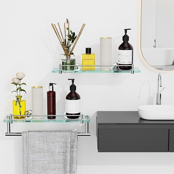Glass Bathroom Shelves, Chrome Polished Floating Shelves - Image 2