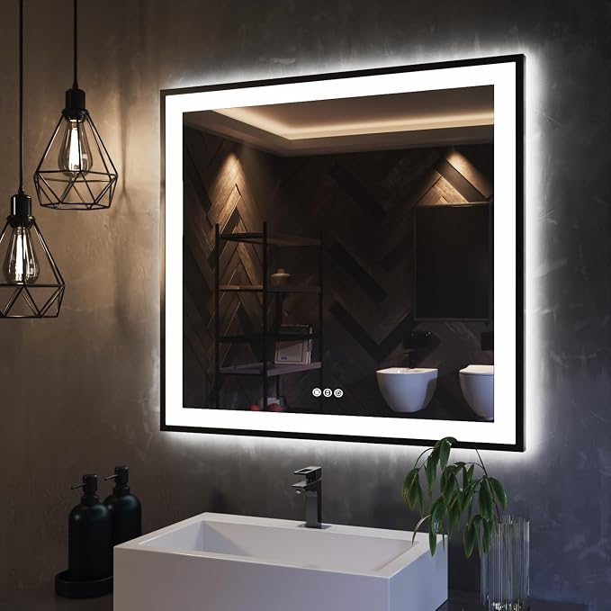 ISKM Framed LED Mirror for Bathroom 32"x32", Dimmable LED Bathroom Mirror by ISKM-IStillKeepMovin