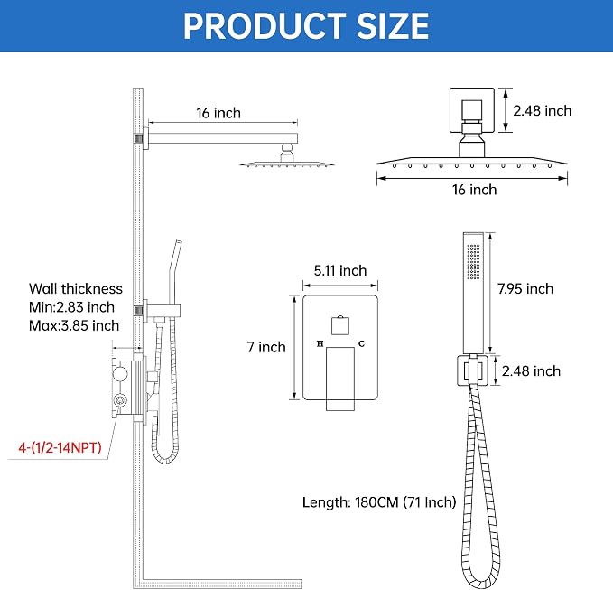 16 Inch Luxury Rain Shower Faucet Set, Matte Black Shower System - Image 7