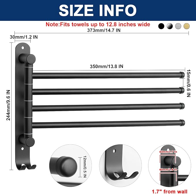NearMoon Swivel Towel Rack, 13.8" Thicken 304 Stainless Steel 4-Arm Towel Bar - Image 2