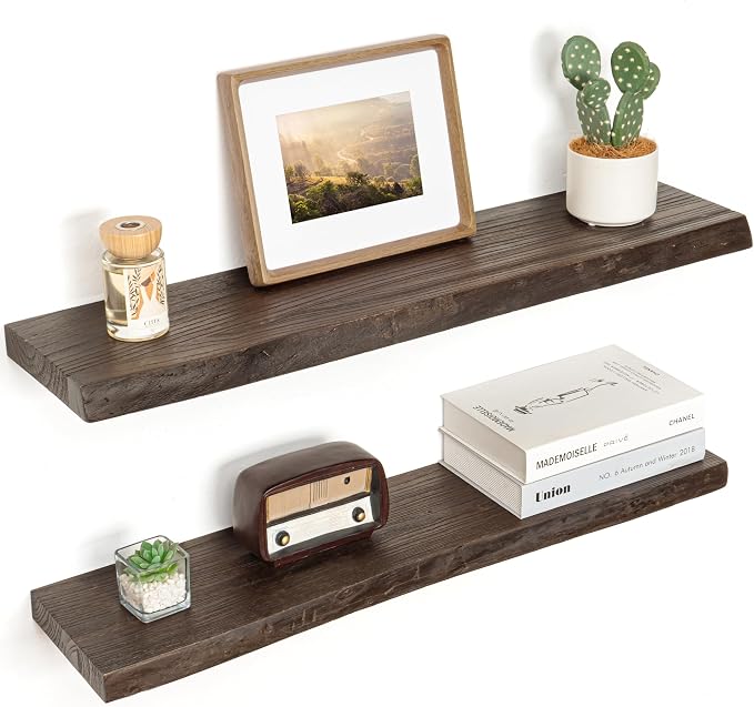 Floating Shelves for Wall Decor, Rustic Solid Elm Wood Live Edge Floating by FLYJOE