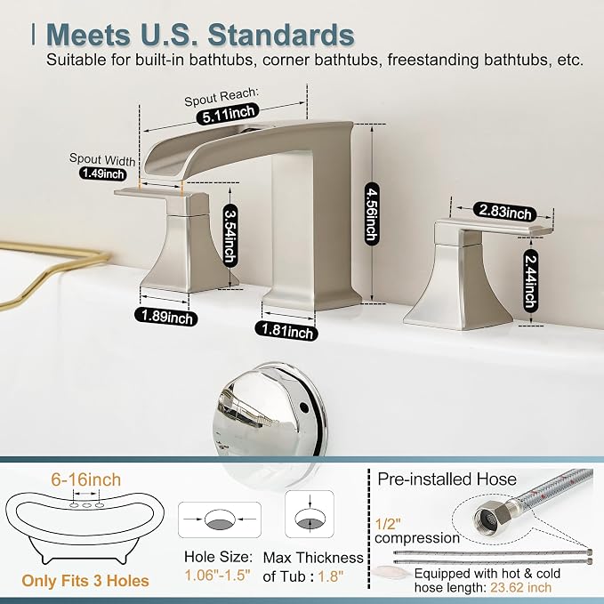 Waterfall Tub Faucet Brushed Nickel Bathtub Faucet 3 Hole, Brass High Pressure - Image 5