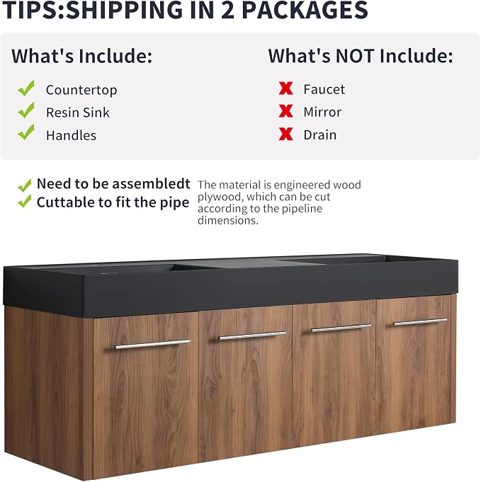60” Wall Mounted Bathroom Vanity, Bathroom Cabinet - Image 9