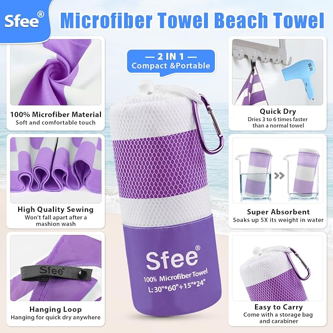 Sfee 2 in 1 Microfiber Beach Towel, Quick Dry Towel Camping Travel Towel Super - Image 2