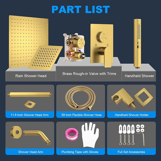Shower Faucet Set, 3-Setting Push Button Brushed Gold Shower System, 12 Inch - Image 7