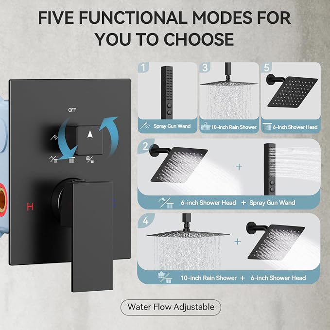 Shower Faucet Sets Matte Black Shower System, Bostingner Five Function Diverter - Image 5