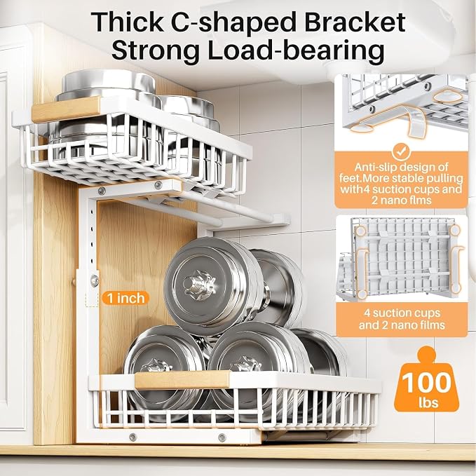 PXRACK 1 Pack Under Sink Organizer, Adjustable Height, 2 Tier Pull Out Under - Image 5