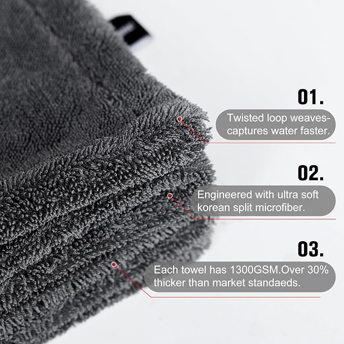 2 Pack XL Car Drying Towel – 1300GSM Ultra Absorbent Microfiber, Twisted Loop - Image 5