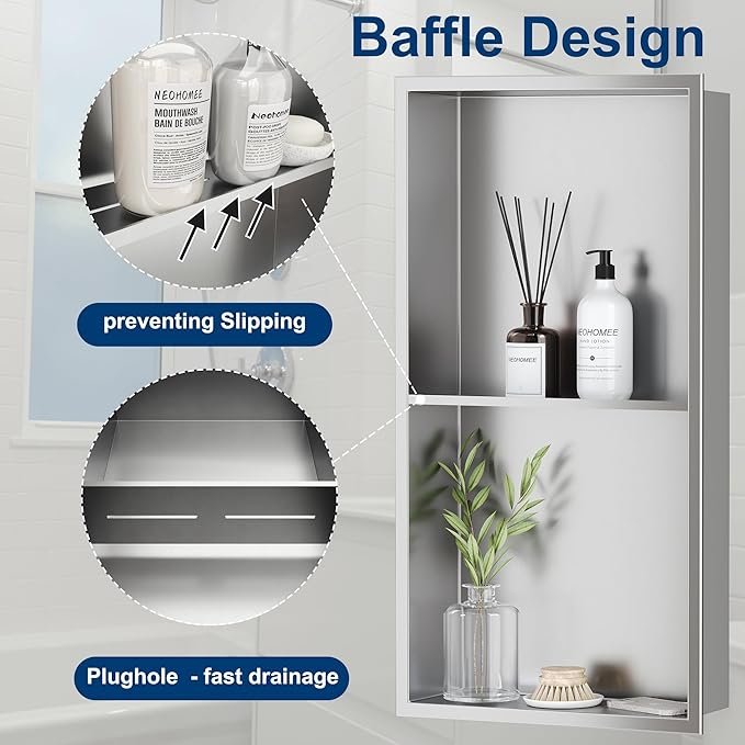 Neodrain No Tile Shower Niche, Stainless Steel Wall Niche 13.1"X25.1", Two-Tier - Image 3
