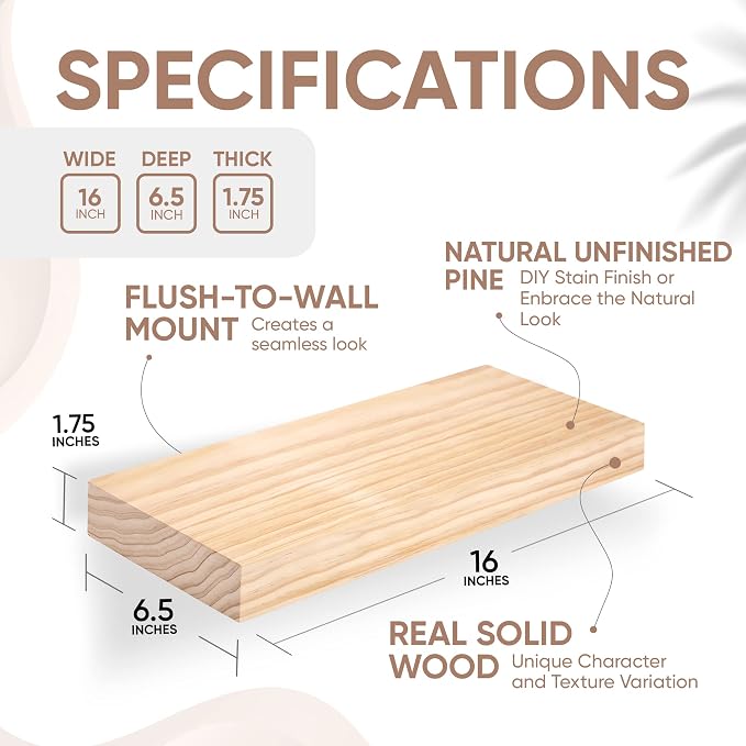 Homeforia Wood Floating Shelf 16 inch, High End Solid Natural Wood 16inch - Image 2