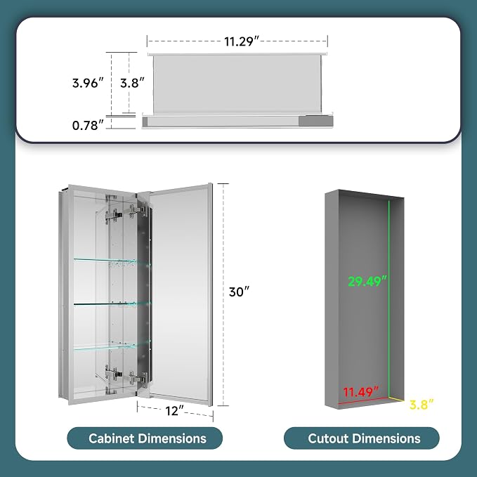 12"x30" Medicine Cabinet Mirror, Aluminum Silver Recessed Medicine Cabinet - Image 2