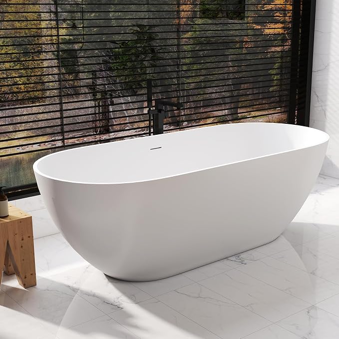 59 Inch Solid Surface Freestanding Bathtub, Oval Shaped Soaking Stone Resin by Zevemomo