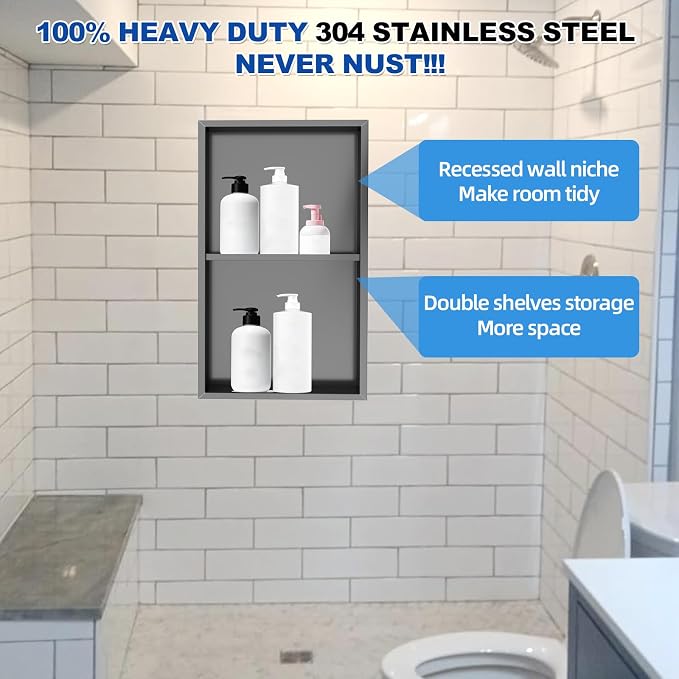 304 Stainless Steel Shower Niche Insert-Glossy Black 24 x 12" No Tile Needed - Image 8