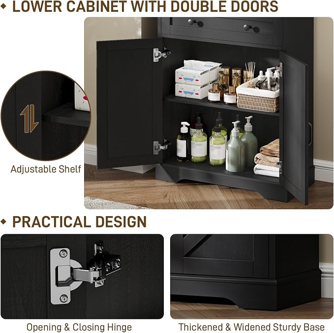 Vabches Farmhouse Bathroom Cabinet, Adjustable Shelves & Doors, 3 Tier Wood - Image 7
