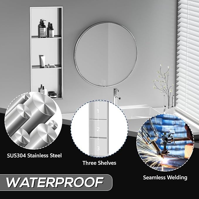Neodrain12X36 Inch Shower Niche, Brushed 3-Tier Stainless Niches No Tile Needed - Image 4