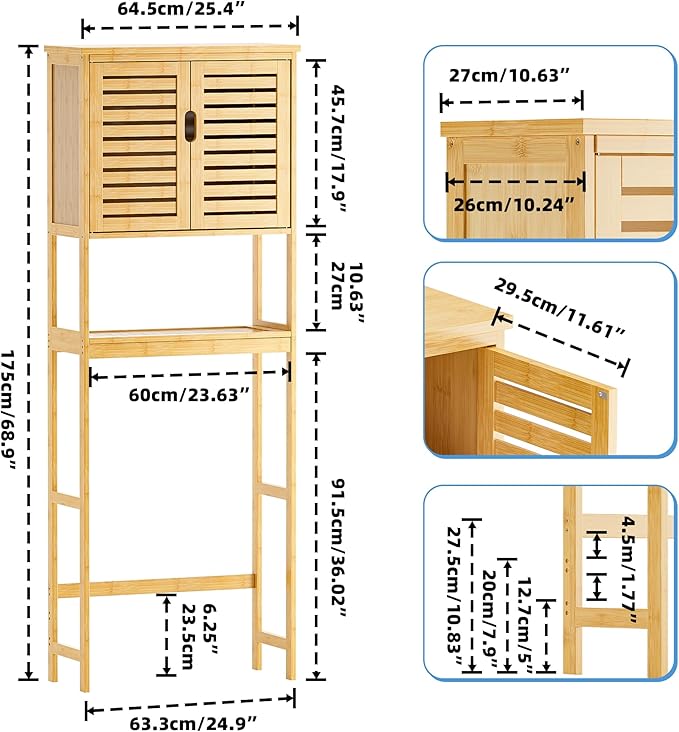 SMIBUY Bathroom Over The Toilet Storage Cabinet, 2 Door Bamboo Cabinet Organizer - Image 3