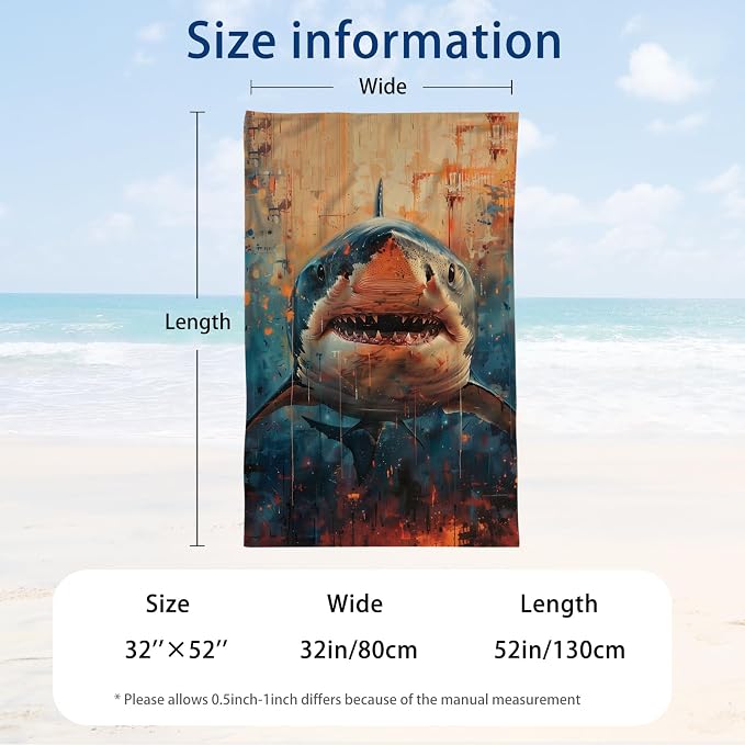 WZOMT Shark Beach Towel, Microfiber Shark Fishing Towel, Retro Ocean Fish Blue - Image 3